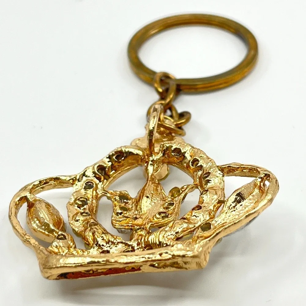 Vintage Retro Gold Tone Sparkling Rhinestone Tiara Crown Keychain Bag Charm